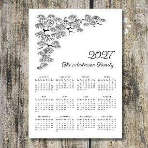 Eleganter botanischer Kalender 2027 mit Kiefernzwe Magnetkarte