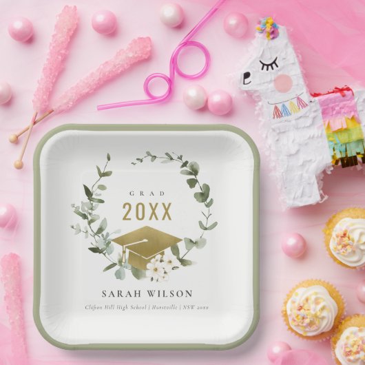 Eleganter botanischer Leafy Wreath Gold Abschluss Pappteller (Party)