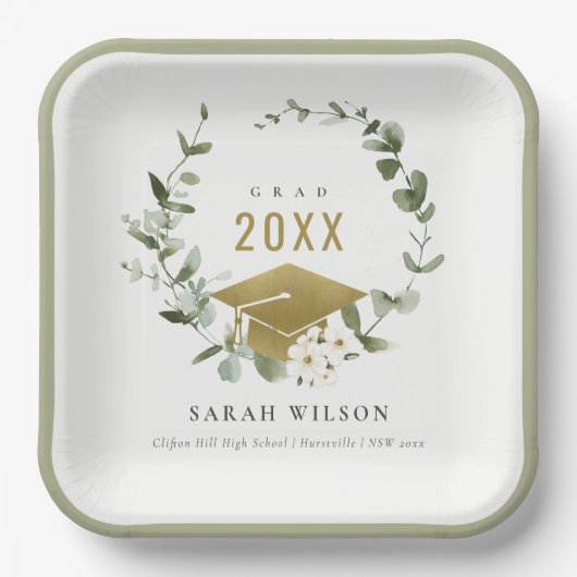 Eleganter botanischer Leafy Wreath Gold Abschluss Pappteller (Vorderseite)