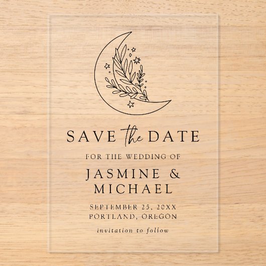 Eleganter botanischer Mond und Sterne Save the Dat Acryleinladungen (Vorderseite)