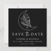 Eleganter botanischer Mond und Sterne Schwarz und Save The Date (Vorderseite)