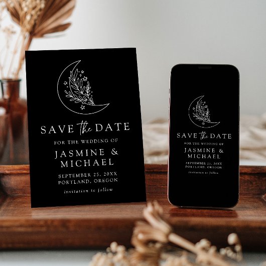 Eleganter botanischer Mond und Sterne Schwarz und Save The Date