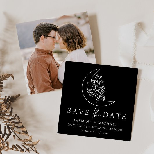 Eleganter botanischer Mond und Sterne Schwarz und Save The Date