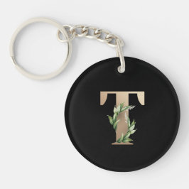 Eleganter Botanischer Monogram Gold Letter T Schlüsselanhänger