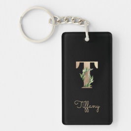 Eleganter Botanischer Monogram Gold Letter T Schlüsselanhänger
