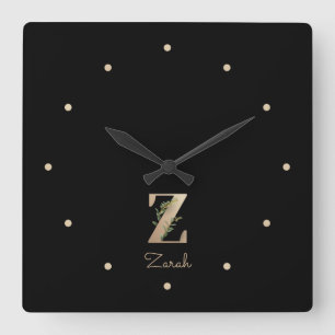 Eleganter Botanischer Monogram Letter Z Quadratische Wanduhr
