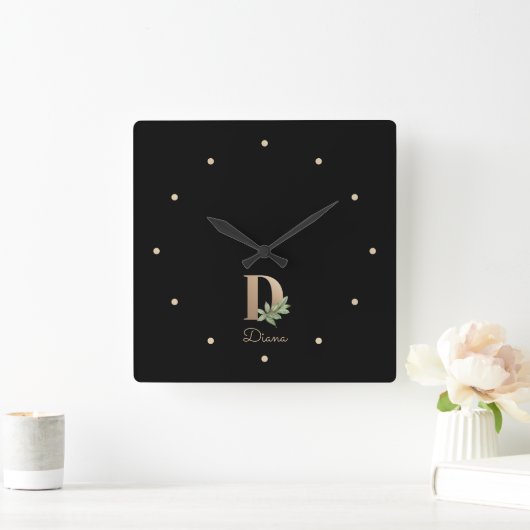 Eleganter Botanischer Monogramm-Brief D Quadratische Wanduhr (Zuhause)