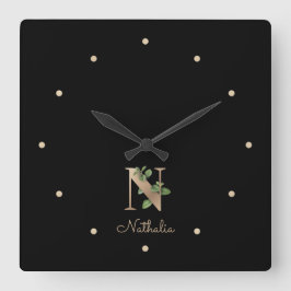 Eleganter Botanischer Monogramm-Brief N Quadratische Wanduhr