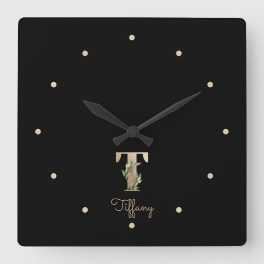 Eleganter Botanischer Monogramm-Brief T Quadratische Wanduhr (Vorderseite)