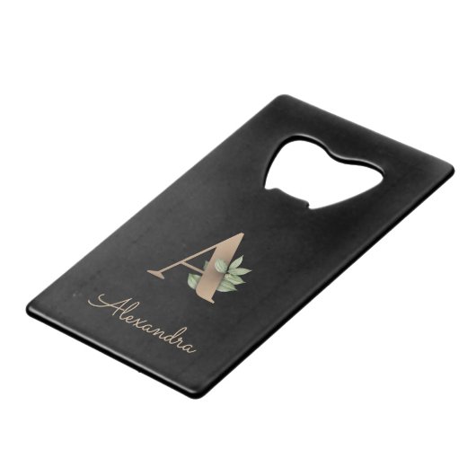 Eleganter Botanischer Monogramm-Goldbrief A Geldbeutel Flaschenöffner (Vorderseite Schrägansicht)