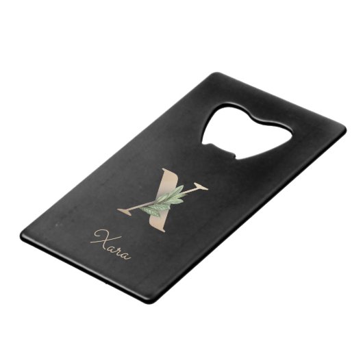 Eleganter Botanischer Monogramm-Goldbrief X Geldbeutel Flaschenöffner (Vorderseite Schrägansicht)