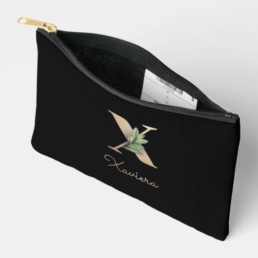 Eleganter Botanischer Monogramm-Goldbrief X Zubehörtasche (Offen)
