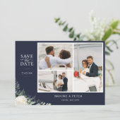 Eleganter botanischer Navy Blauer Flat Save the Da Date (Stehend Vorderseite)