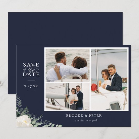 Eleganter botanischer Navy Blauer Flat Save the Da Date (Vorne/Hinten)