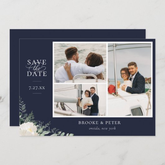 Eleganter botanischer Navy Blauer Flat Save the Da Save The Date (Vorne/Hinten)