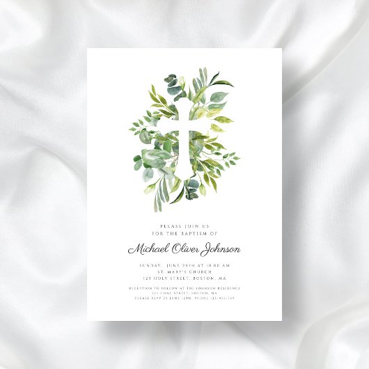 Eleganter Botanischer Religiöser Cross Baptismus Einladung