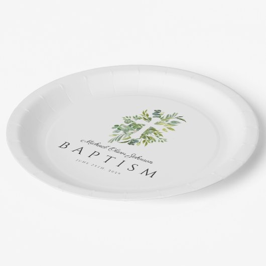 Eleganter Botanischer Religiöser Cross Baptismus Pappteller (Schrägansicht)