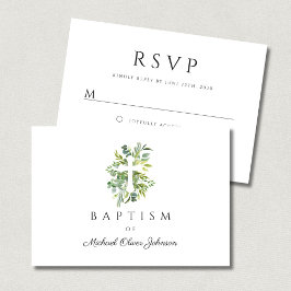 Eleganter Botanischer Religiöser Cross Baptismus RSVP Karte