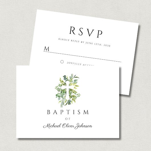 Eleganter Botanischer Religiöser Cross Baptismus RSVP Karte