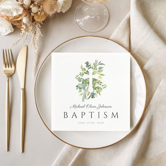 Eleganter Botanischer Religiöser Cross Baptismus Serviette