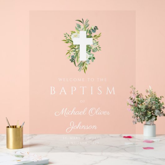 Eleganter botanischer religiöser Taufe Acrylschild (Hochzeit)