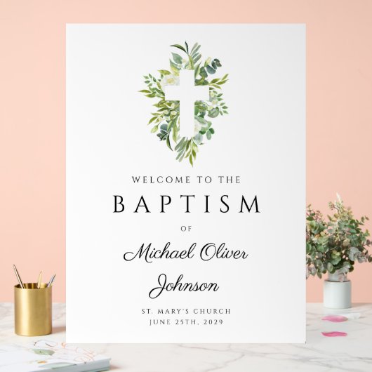 Eleganter botanischer religiöser Taufe Acrylschild (Hochzeit)