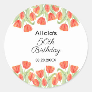 Eleganter Botanischer Roter Tulip 50. Geburtstag Runder Aufkleber