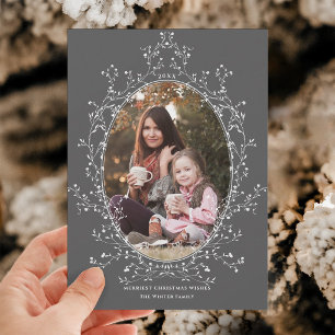 Eleganter botanischer Weihnachtskranz-Foto Grau Feiertagskarte
