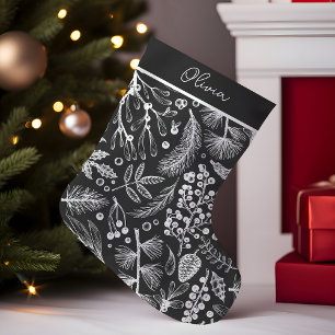 Eleganter botanischer Weihnachtsstrumpf mit Kiefer Kleiner Weihnachtsstrumpf
