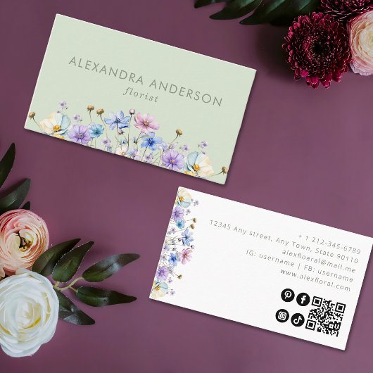 Eleganter botanischer Wildblumen QR-Code Visitenkarte