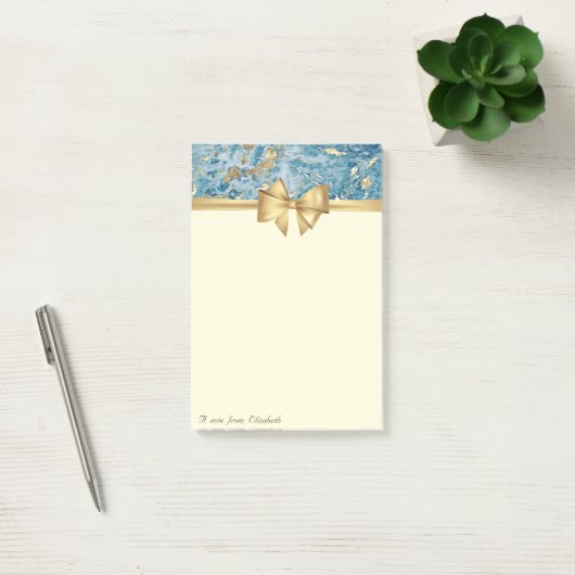 Eleganter Bow, Gold Blue Marble Texture Glitzer Post-it Klebezettel (Büro)