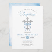 Eleganter Boy Baptism Blue Bow Silver Cross Glitze Einladung (Vorne/Hinten)