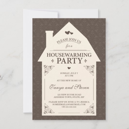 Eleganter brauner Damastcreme-Haus Housewarming Einladung (Vorderseite)
