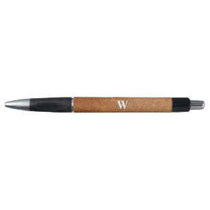 Eleganter, brauner Leder Textur Mit Monogramm Name Kugelschreiber