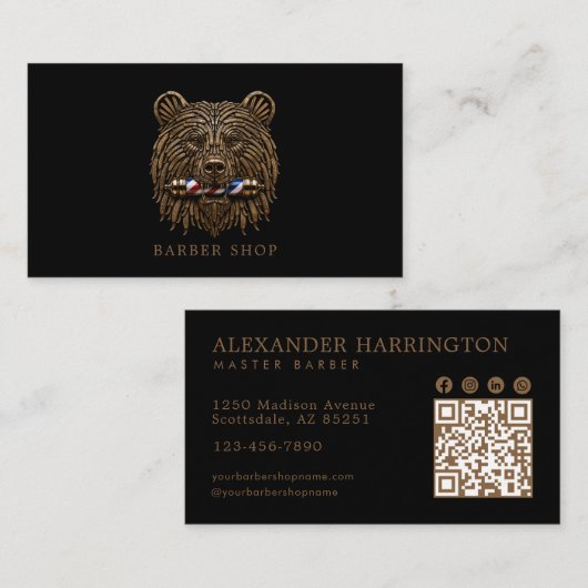 Eleganter Bronze-Bär-Friseursalon-QR-Code Visitenkarte (Vorne/Hinten)