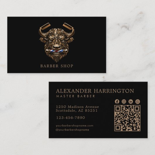 Eleganter Bronze Büffel Friseursalon QR-Code Visitenkarte (Vorne/Hinten)