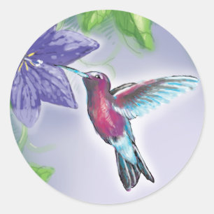 eleganter bunter Kolibri und violette Blumen Runder Aufkleber