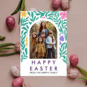 Eleganter Bunter Torbogen Floral Oster Familienfot Feiertagskarte