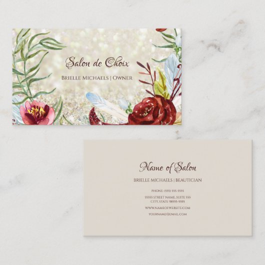 Eleganter Burgund Blumen Glitzer Beauty Salon Visitenkarte (Vorne/Hinten)