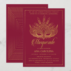 Eleganter Burgund Glitzer Masquerade Quinceañera Einladung