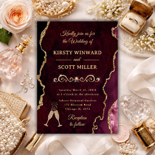 Eleganter Burgunder Achat- & Gold Hochzeitsschmuck Einladung