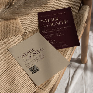 Eleganter Burgunder-Gold-QR-Code Hochzeit im Stil  Einladung