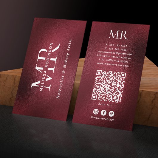 Eleganter Burgunderroter Monogramm-QR-Code Social Visitenkarte