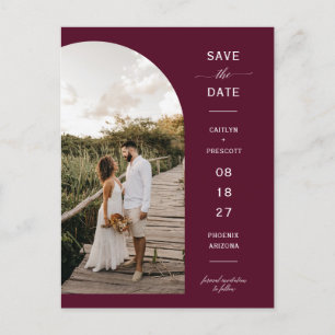 Eleganter Burgundy Arch Foto QR-Code Save the Date Postkarte