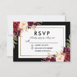 Eleganter Burgundy Bloral Black Gold Wedding RSVP