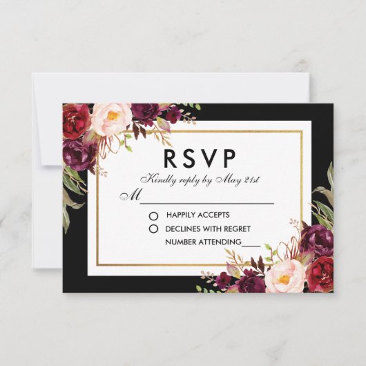 Eleganter Burgundy Bloral Black Gold Wedding RSVP (Vorderseite)