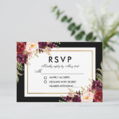 Eleganter Burgundy Bloral Black Gold Wedding RSVP (Stehend Vorderseite)