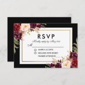 Eleganter Burgundy Bloral Black Gold Wedding RSVP (Vorne/Hinten)