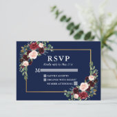 Eleganter Burgundy Blues Wedding Blue Gold Frame RSVP Karte (Stehend Vorderseite)