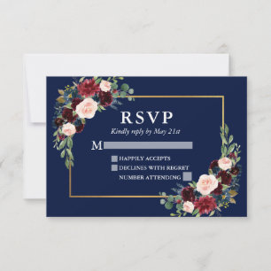 Eleganter Burgundy Blues Wedding Blue Gold Frame RSVP Karte